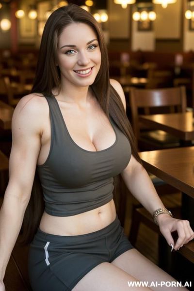 20 year old athletic irish woman with massive breasts, smiling, ((extremely long hair)), sitting at a restaurant ((she is wearing a tank top)) - ai-porn.ai - Ireland on pornintellect.com