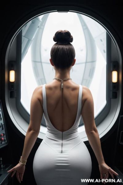 Woman with wide hips, large shoulders, massive boobs, short messy hair, pendulous nipples, hourglass figure, huge ass, bubble butt, short hair, arms raised, ((hands behind head)) - ai-porn.ai on pornintellect.com