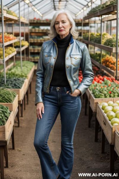 Mature woman, vintage bootcut blue jeans, golden short flats boots - ai-porn.ai on pornintellect.com