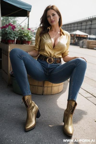 Milf, vintage bootcut blue jeans, belt, golden short flats boots, ((view from the ground)), spread legs - ai-porn.ai on pornintellect.com
