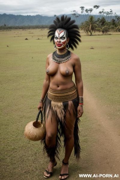 Papuan woman, angry, face paint, straw skirt - ai-porn.ai - Papua New Guinea on pornintellect.com