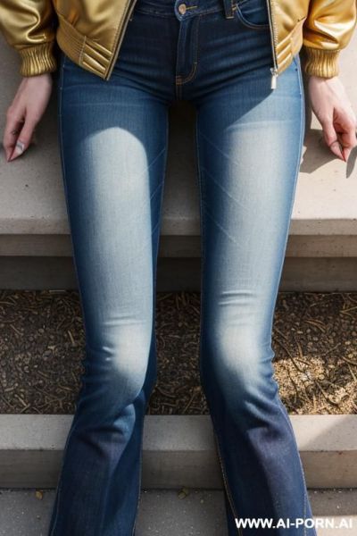 Milf, vintage bootcut blue jeans, golden short flats boots, ((view from the ground)), spread legs - ai-porn.ai on pornintellect.com