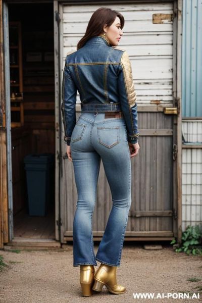 Milf, vintage bootcut blue jeans, golden short flats boots - ai-porn.ai on pornintellect.com