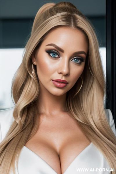 Female secretary portrait blonge long wavy hairs in raised thick fluffy fashionable wide ponytail big eyes big lips makeup fashionable white jacket busty cleavage laced corset poirtrait high - ai-porn.ai on pornintellect.com