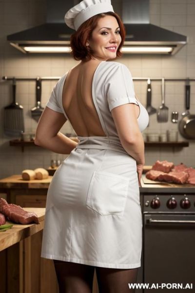 Back view of devote chubby milf with short hair naked in the meat shop, smiling, nude, she is a seller of meat, show naked ass and pussy, the meat shop, with steel tools for meat, there - ai-porn.ai on pornintellect.com