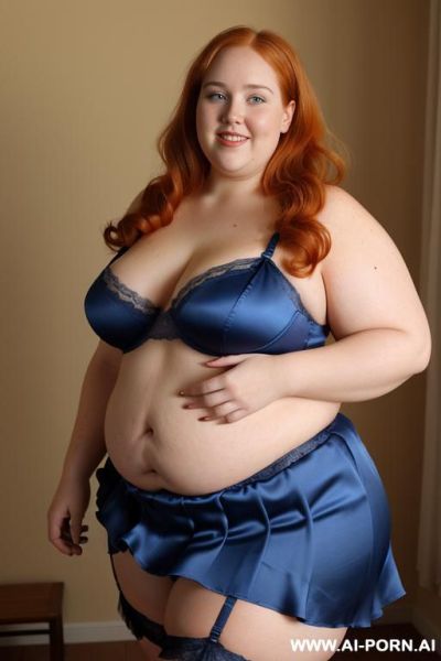 Half body photo shot close up. a ((british obese fat bbw redhead)), ((thick with love handless)). ((wearing a yellow sexy and hot garter belt lingerie, and a dark-blue ruffle silk micro-skirt)). she is smiling - ai-porn.ai - Britain on pornintellect.com