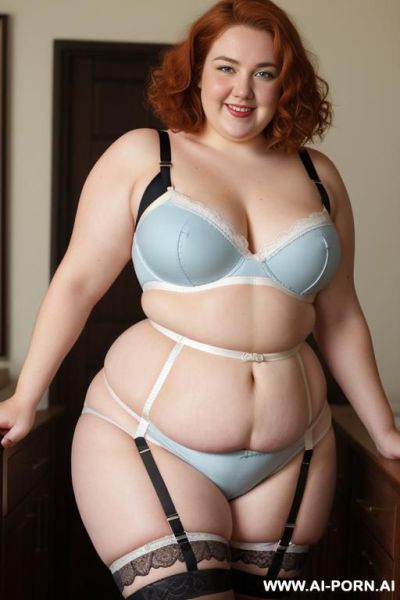 Half body photo shot close up. white woman, rotund body, huge, supermodel, pear shaped, lovehandless, obese, tummy, short hair, huge legs, massive hips, high rise (garter belt stockings), eye contact, huge arms - ai-porn.ai on pornintellect.com