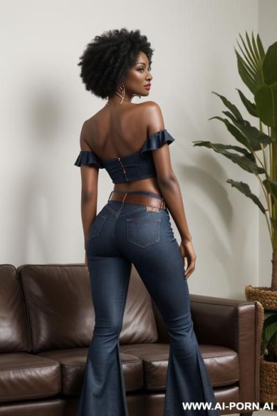 Ebony, vintage flared blue jeans, tight ass, red belt, oxford shoes, afro hair, full body - ai-porn.ai on pornintellect.com