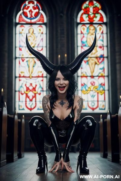 Horny, possessed by a sex demon, latex leggings, boots, devil horns, tattoos, squatting, straight back, masturbating, looking at viewer - ai-porn.ai on pornintellect.com