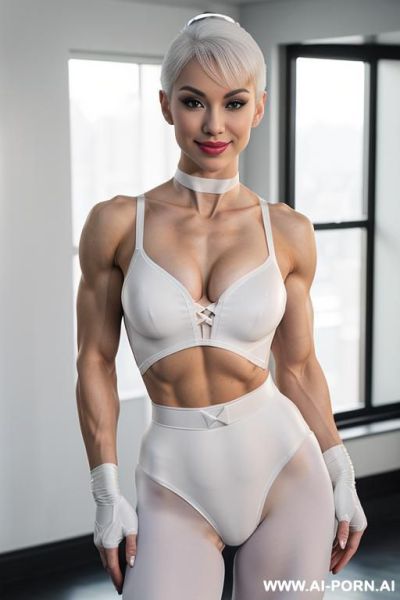 Asian-american perfect androgynous, perfect face, lightly curved, bulge on crotch ((bulging crotch)), ((crotch show bulge)), ((someg inside panties bulging)), white collar, soft round peaked tits ((no - ai-porn.ai - Usa on pornintellect.com