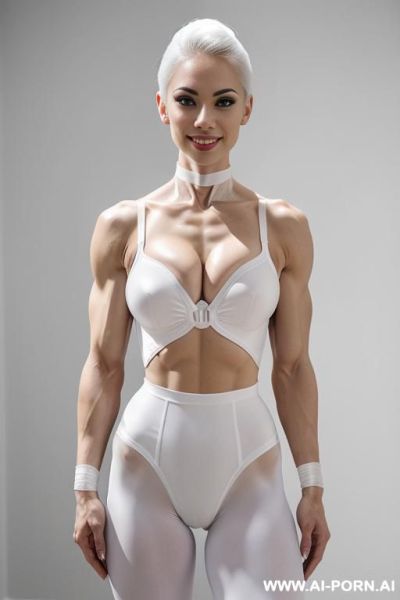 Asian-maerican perfect androgynous, perfect face, lightly curved, bulge on crotch ((bulging crotch)), ((crotch show bulge)), ((someg inside panties bulging)), white collar, soft round peaked tits. white leotard with white skirt - ai-porn.ai on pornintellect.com