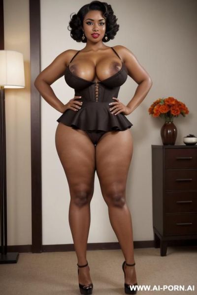 Sexy flirting happy seductive horny inviting sleepy eyes beautiful african asian mixed race babe evening very dark brown skin (gigantic saggy perky boobs) curved voluptuous bombshell figure with big - ai-porn.ai on pornintellect.com