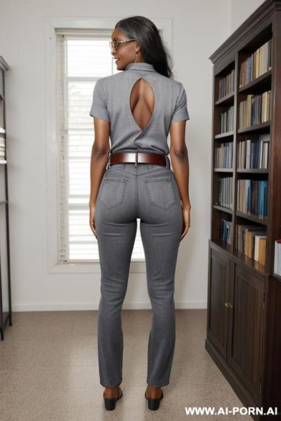 Ebony mature, dark blue mom jeans, golden belt, fine ass, oxford shoes, from behind - ai-porn.ai on pornintellect.com