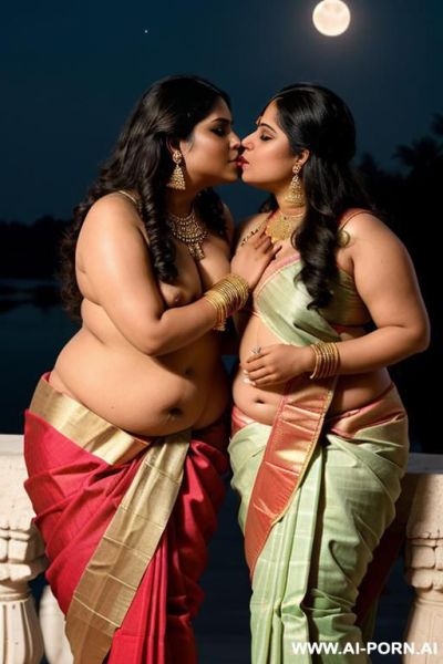 Ancient indian chubby queen in a traditional saree is kissing a full naked complete naked total naked nude undressed indian chubby female with shaved vagina under the moon - ai-porn.ai - India on pornintellect.com