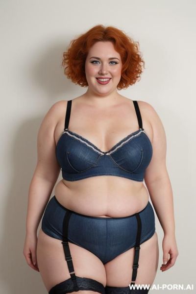 Half body photo shot close up. white woman, rotund body, huge, supermodel, pear shaped, lovehandless, obese, tummy, short hair, huge legs, massive hips, high rise (garter belt stockings), eye contact, huge arms - ai-porn.ai on pornintellect.com