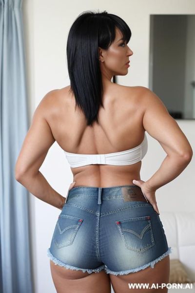 (from the back) (looking at the camera) (extreme side cut denim hot shorts) (arched back) (plump) - ai-porn.ai on pornintellect.com