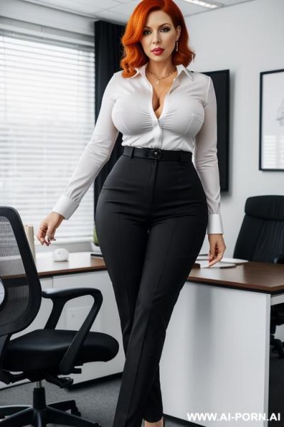 Secretary bimbo, wearing skin tight black cotton business pants, skin tight white blouse, thick thighs, high heels, standing with legs apart - ai-porn.ai on pornintellect.com