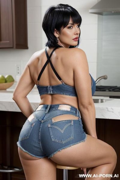 (from the back) (looking at the camera) (extreme side cut denim hot shorts) (bending over a stool) (plump) - ai-porn.ai on pornintellect.com