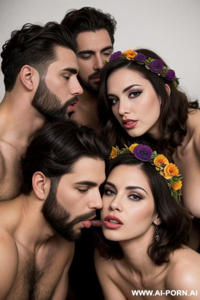 2 men and 1 woman fuck, perverse, beautiful, fucking, extremely hairy pussy, flower head wreath, group orgy, fucking, big nose, seductive, sexy pose, t-shirt, kissing, fucking, threesome, orgy, - ai-porn.ai on pornintellect.com