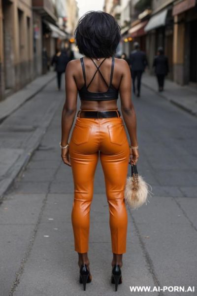 Mature ebony, light-orange leather pants, pear form ass, wingtips shoes, brown belt - ai-porn.ai on pornintellect.com