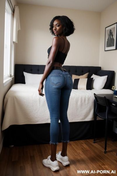 Ebony, vintage jeans, tight ass, huge sneakers, golden belt - ai-porn.ai on pornintellect.com