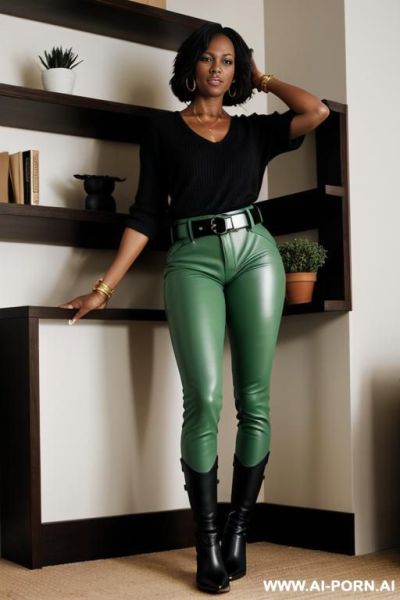 Mature ebony, light green leather pants, huge ass, riding boots, golden belt - ai-porn.ai on pornintellect.com