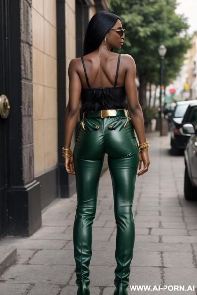 Mature ebony, light-green flared leather pants, golden belt, pear ass, thigh-high boots, from behind - ai-porn.ai on pornintellect.com