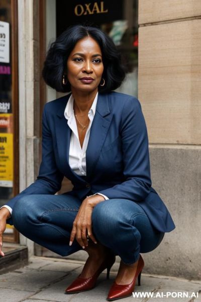 Bangladeshi ebony mature woman, vintage blue mom jeans, pear ass, short blazer, oxfords - ai-porn.ai on pornintellect.com