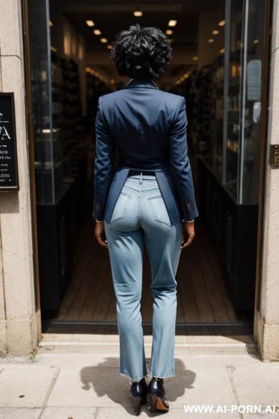 Ebony mature woman, vintage blue mom jeans, pear ass, blazer, oxford shoes - ai-porn.ai on pornintellect.com
