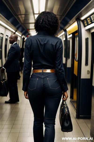 Ebony mature woman, vintage dark-blue mom jeans, pear ass, golden belt oxfords - ai-porn.ai on pornintellect.com