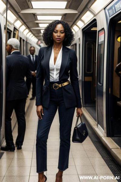 Ebony mature woman, vintage dark-blue mom jeans, pear ass, golden belt, blazer, oxfords - ai-porn.ai on pornintellect.com