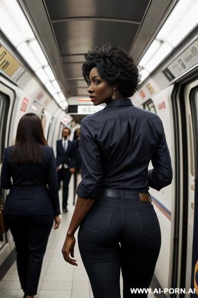 Ebony mature woman, vintage dark-blue mom jeans, pear ass, oxfords - ai-porn.ai on pornintellect.com