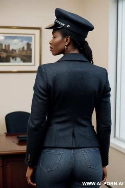 Ebony mature voman, vintage blue mom jeans, pear ass, blazer, oxford shoes, police cap - ai-porn.ai on pornintellect.com