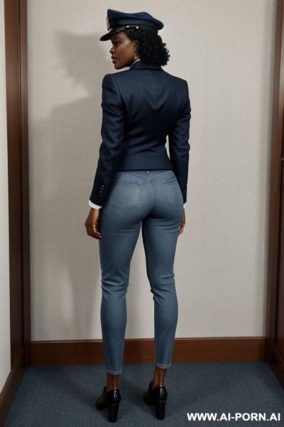 Ebony mature voman, vintage blue mom jeans, pear ass, blazer, oxford shoes, leather police cap - ai-porn.ai on pornintellect.com