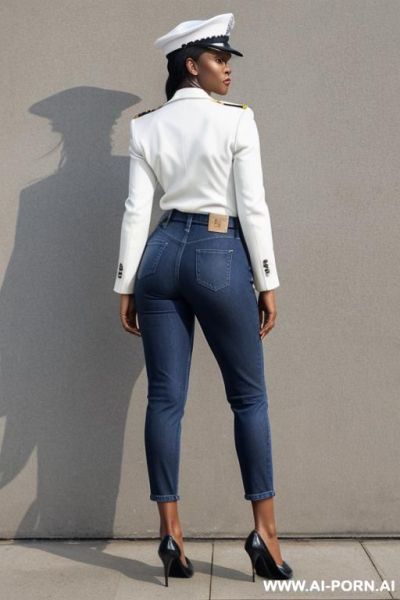 Ebony mature voman, vintage blue mom jeans, pear ass, white blazer, oxford shoes, police cap - ai-porn.ai on pornintellect.com