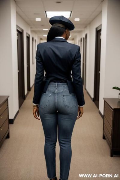 Ebony mature voman, vintage blue mom jeans, pear ass, white blazer, oxford shoes, leather police cap - ai-porn.ai on pornintellect.com