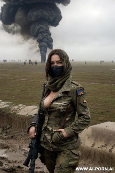 Cloudy sky fog in the trench of a battlefield , bomb explosions landscape , russian woman militar y , horizont looking , sexy pose , mud-stained body , camouflage thong , topless huge tits - ai-porn.ai - Russia on pornintellect.com
