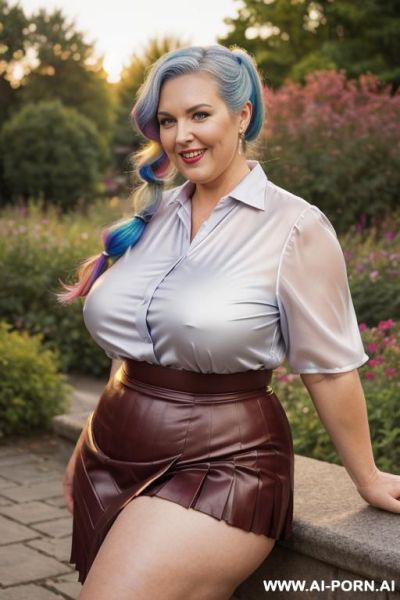 Sexy old gilf bbw. pleated leather skirt showing panties. see through silk blouse. pleated leather skirt. gray silky curly hair. - ai-porn.ai on pornintellect.com