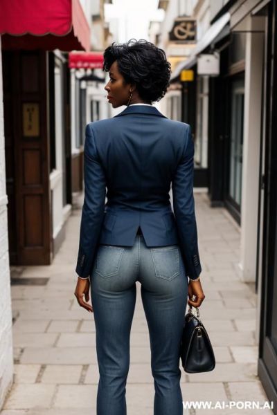 Ebony mature woman, vintage blue mom jeans, pear ass, blazer, oxford shoes - ai-porn.ai on pornintellect.com