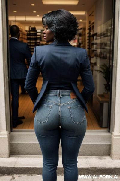 Ebony mature woman, vintage blue mom jeans, pear ass, short blazer, oxfords - ai-porn.ai on pornintellect.com