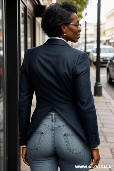 Ebony mature woman, vintage blue mom jeans, pear ass, blazer, oxfords - ai-porn.ai on pornintellect.com