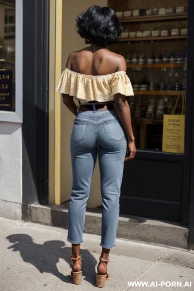 Ebony mature woman, vintage blue mom jeans, pear ass, golden belt, crocs sandals - ai-porn.ai on pornintellect.com