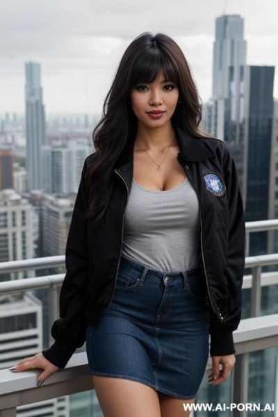 Female sexy hooker pornstar long legs in black tight sport tshirt cleavage busty in tattered jeans barelegs in red sport shoes stand on roof top in big city blue glass big buildings many - ai-porn.ai on pornintellect.com
