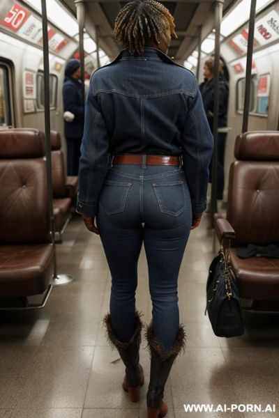 Ebony mature, vintage blue mom jeans, pear ass, red jacket, brown riding flats boots - ai-porn.ai on pornintellect.com
