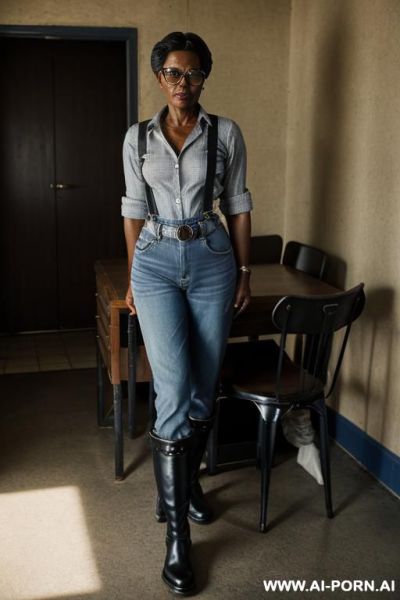Ebony mature woman, vintage blue mom jeans, pear ass, suspenders, riding flats boots - ai-porn.ai on pornintellect.com