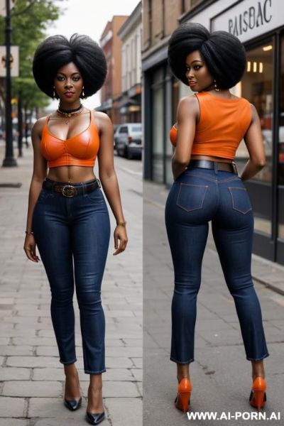 Ebony, vintage flared blue jeans, exclusive pockets, round ass, leather belt, orange top, oxford shoes, afro hairstyle, full body shot - ai-porn.ai on pornintellect.com
