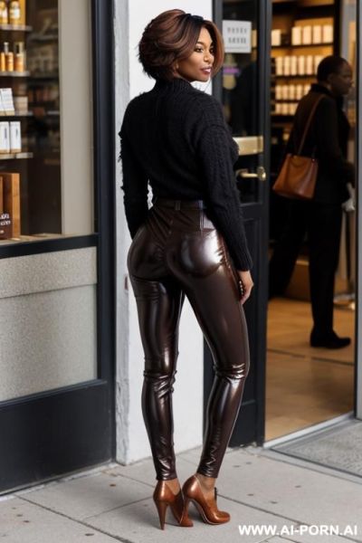 Ebony mature woman, almond color leather pants, pear ass, oxford shoes - ai-porn.ai on pornintellect.com