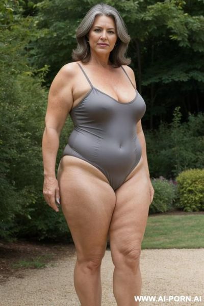 Mature suburban granny, brown hair with long gray highlights. tanlines, very wide hips, thick thighs, open stance, in back yard - ai-porn.ai on pornintellect.com