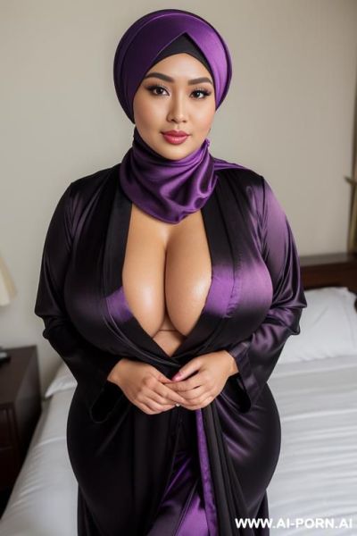 Milf, voluptuous body figure, indonesian, sunda ethnicity, light olive skin, black pashmina style jilbab, wearing stylish pashmina jilbab, wearing purple satin robe. fully clothed, no cleavage, covered. modesty. natural massive saggy breast. - ai-porn.ai - Indonesia on pornintellect.com
