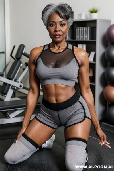 Ebony granny, pretty face, round ass, transparent granny panties, sneakers, socks, wristbands - ai-porn.ai on pornintellect.com